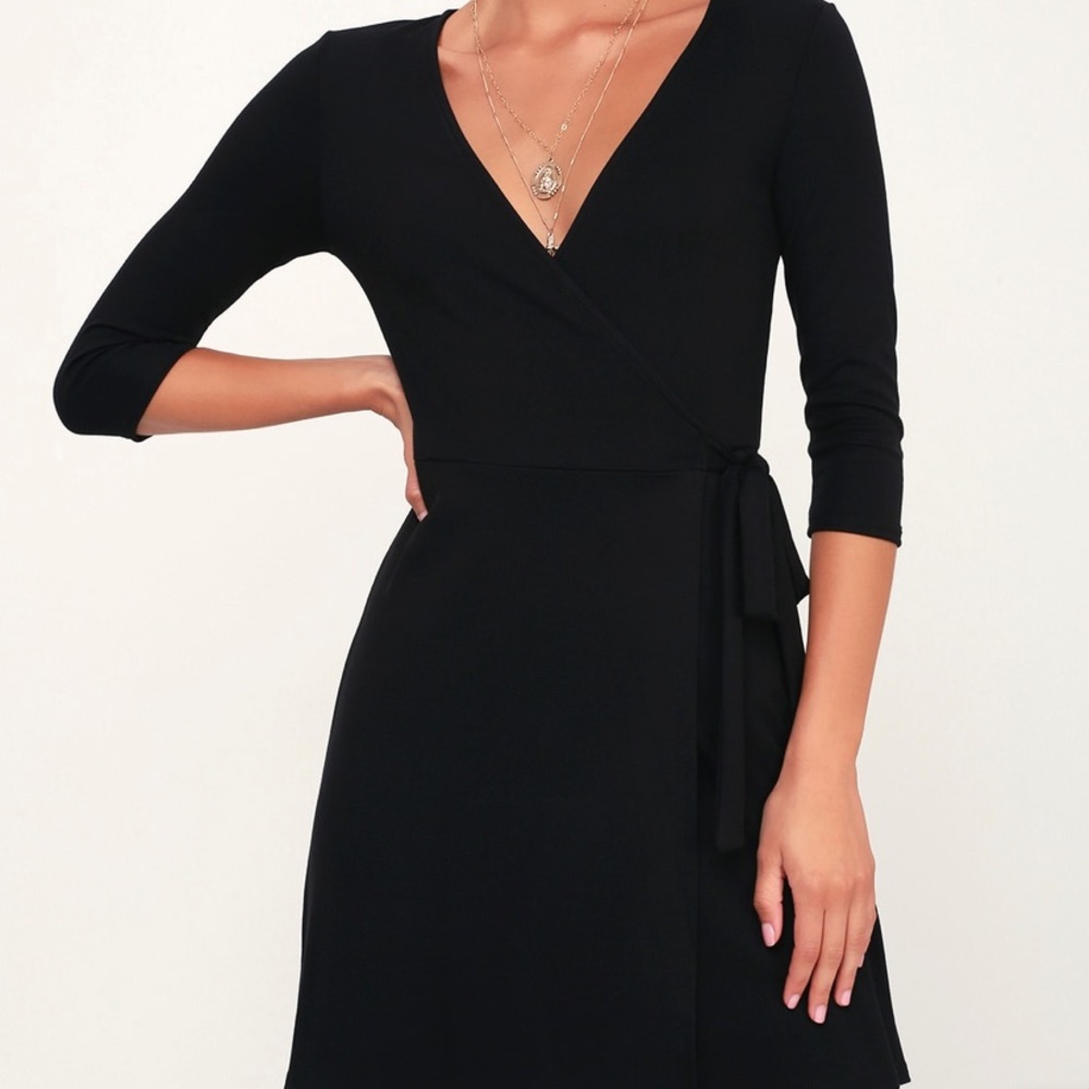 Black 3/4 Sleeve Wrap Mini Dress
